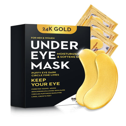 100Pcs/50Pairs Under Eye Patches Gold for Dark Circles Puffy Eyes and Wrinkles 24K Gold Eye Mask for Face Eye Cream for Men and Women
